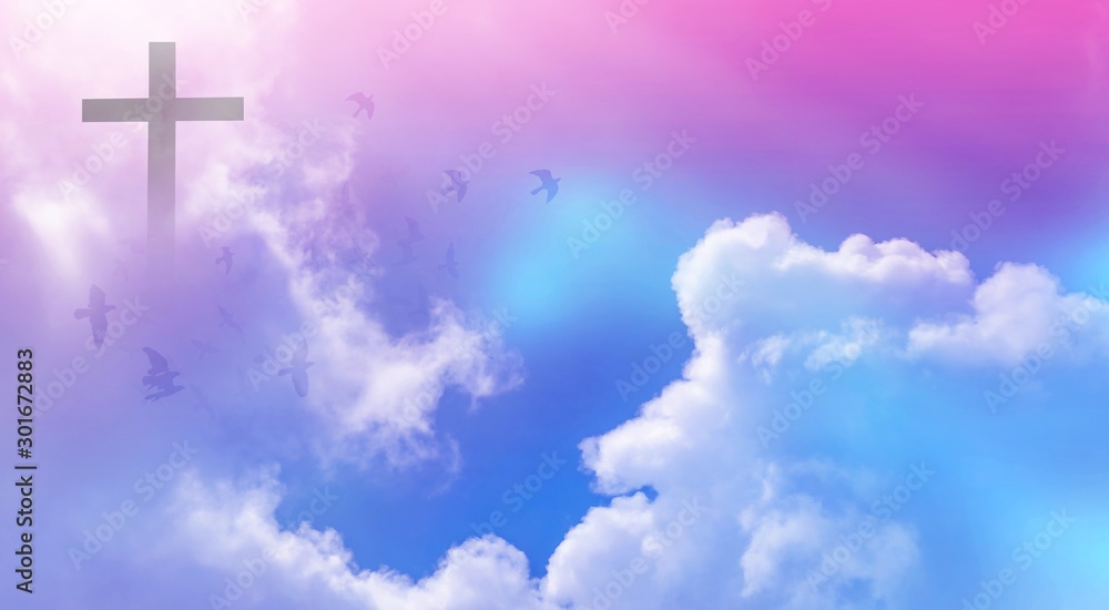 Christian cross appeared bright in the sky with soft fluffy clouds, white, beautiful colors. With the light shining as hope, love and freedom in the sky background Christian cross appeared bright in the sky with soft fluffy clouds, white, beautiful colors. With the light shining as hope, love and freedom in the sky background