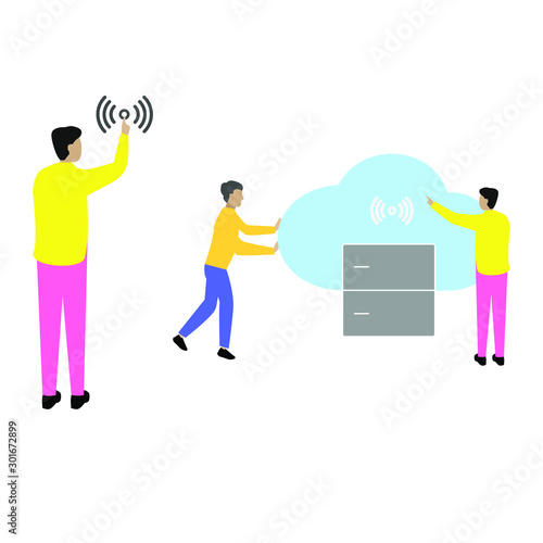 Set of flat cartoon character with people and server sign, cloud technology
