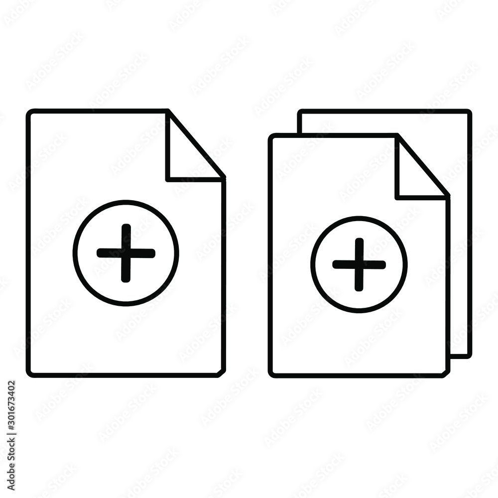 Set of simple icons with add document, document and plus sign Set of simple icons with add document, document and plus sign