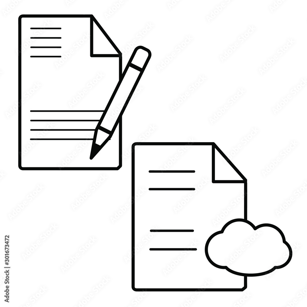 Fototapeta premium Set of vector icons with papers with pen and cloud