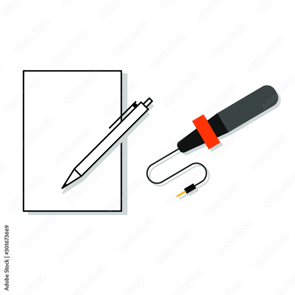 Set of colored icons with pen and document, microphone Set of colored icons with pen and document, microphone