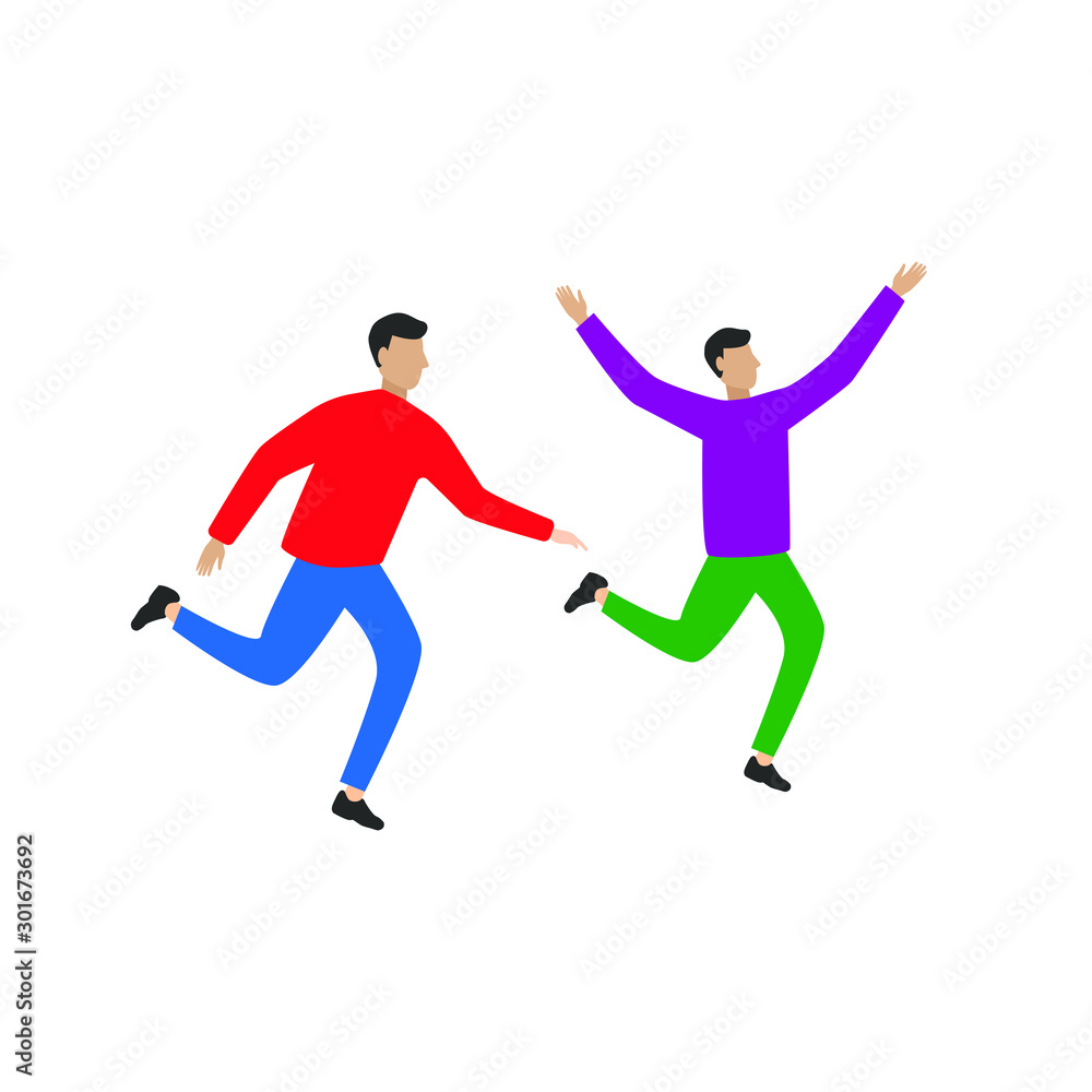 Set of flat cartoon character isolated with two people running