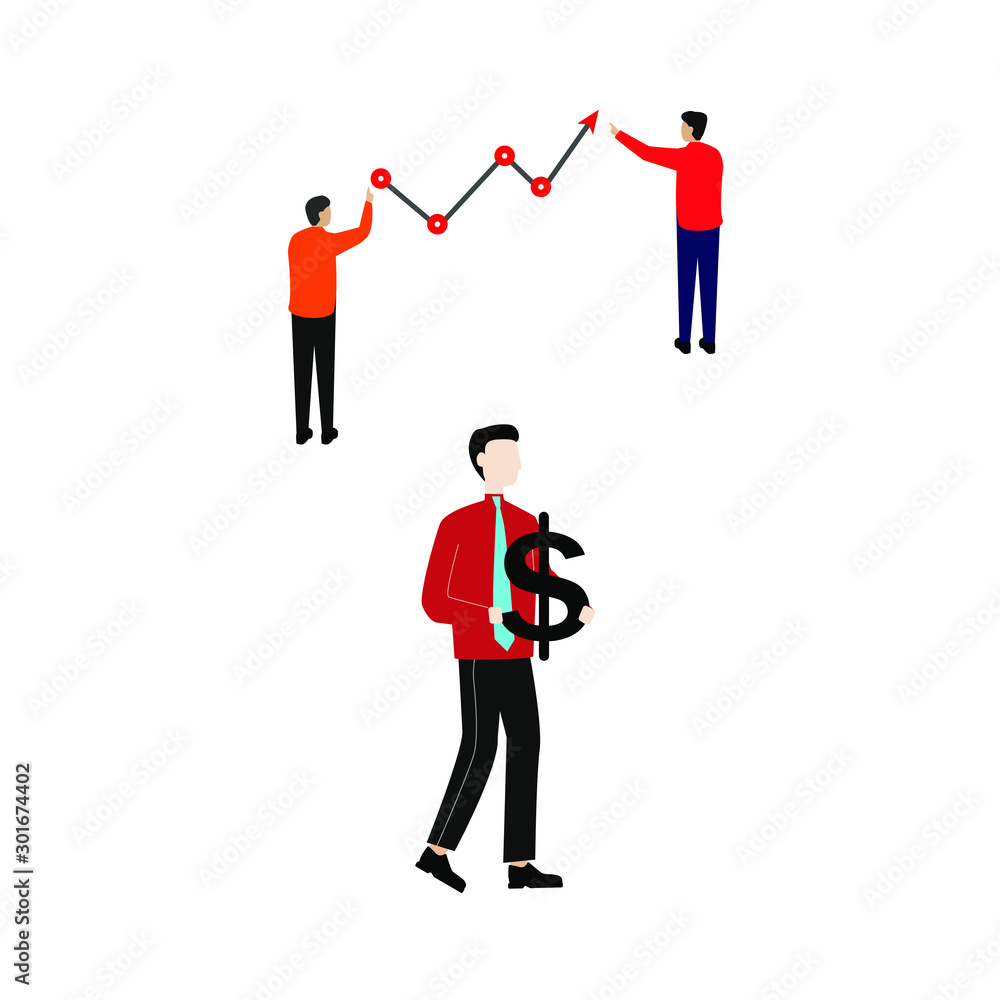 Set of flat cartoon character isolated with two people and graph, man and dollar sign Set of flat cartoon character isolated with two people and graph, man and dollar sign