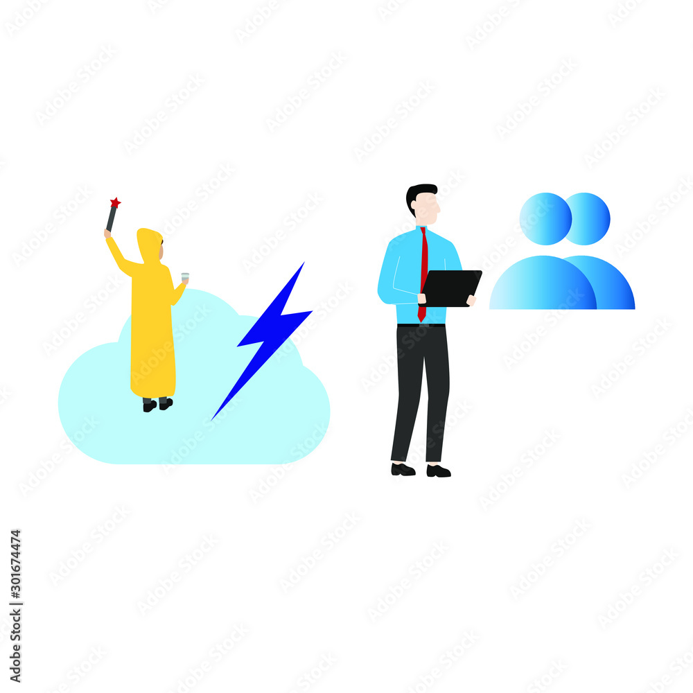 Set of flat cartoon characters isolated with a man in a raincoat on a cloud and a person and person sign