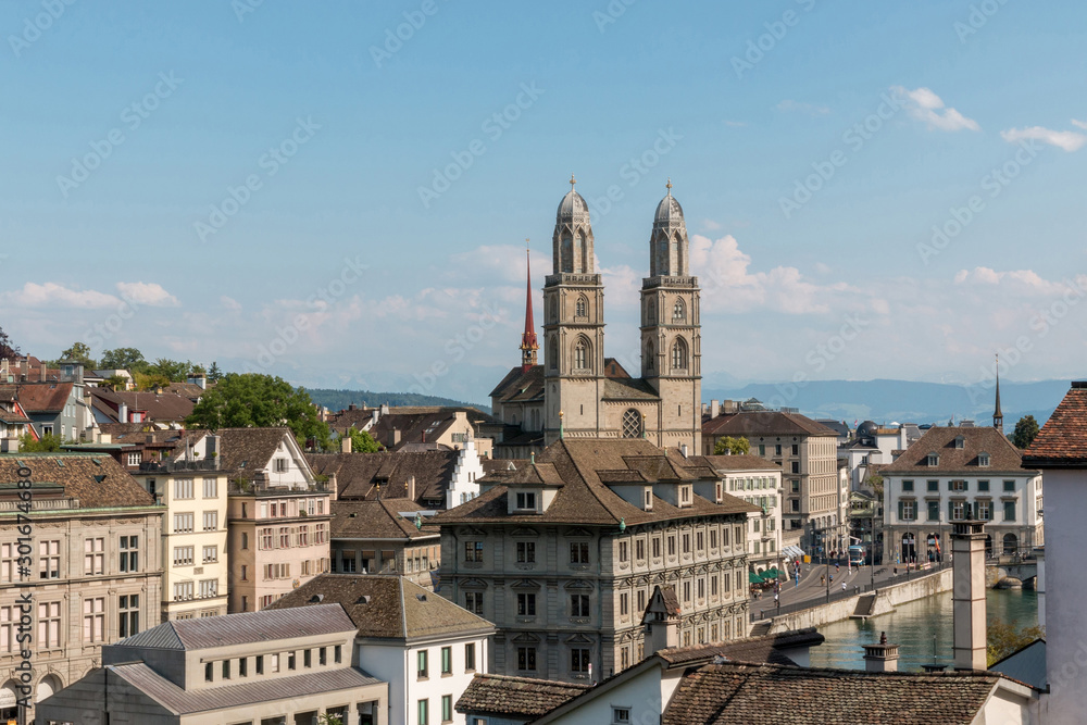Fototapeta premium View of historic Zurich city and river Limmat from Lindenhof park, Zurich