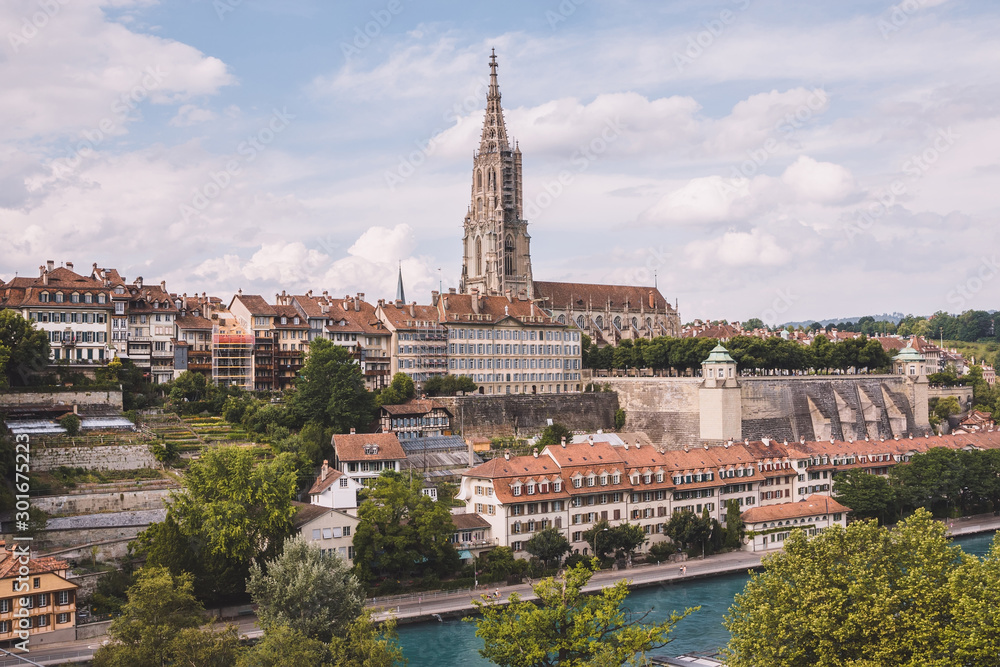 Panoramic view on Bern Minster and historic old town of Bern