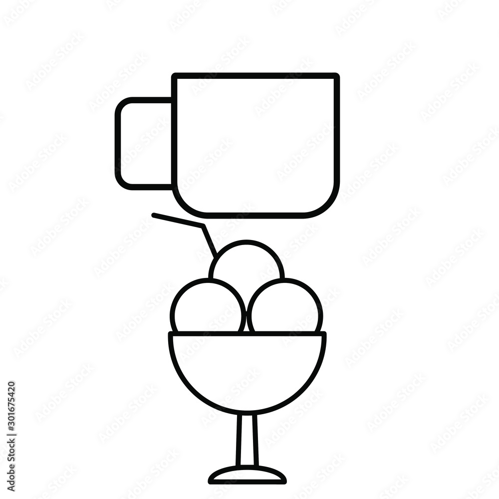 Set of simple icons with a mug and ice cream, three balls with a straw Set of simple icons with a mug and ice cream, three balls with a straw