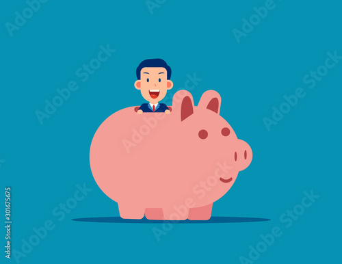 Cute business man with Piggy bank. Business financial concept. Vector illustration in cartoon style