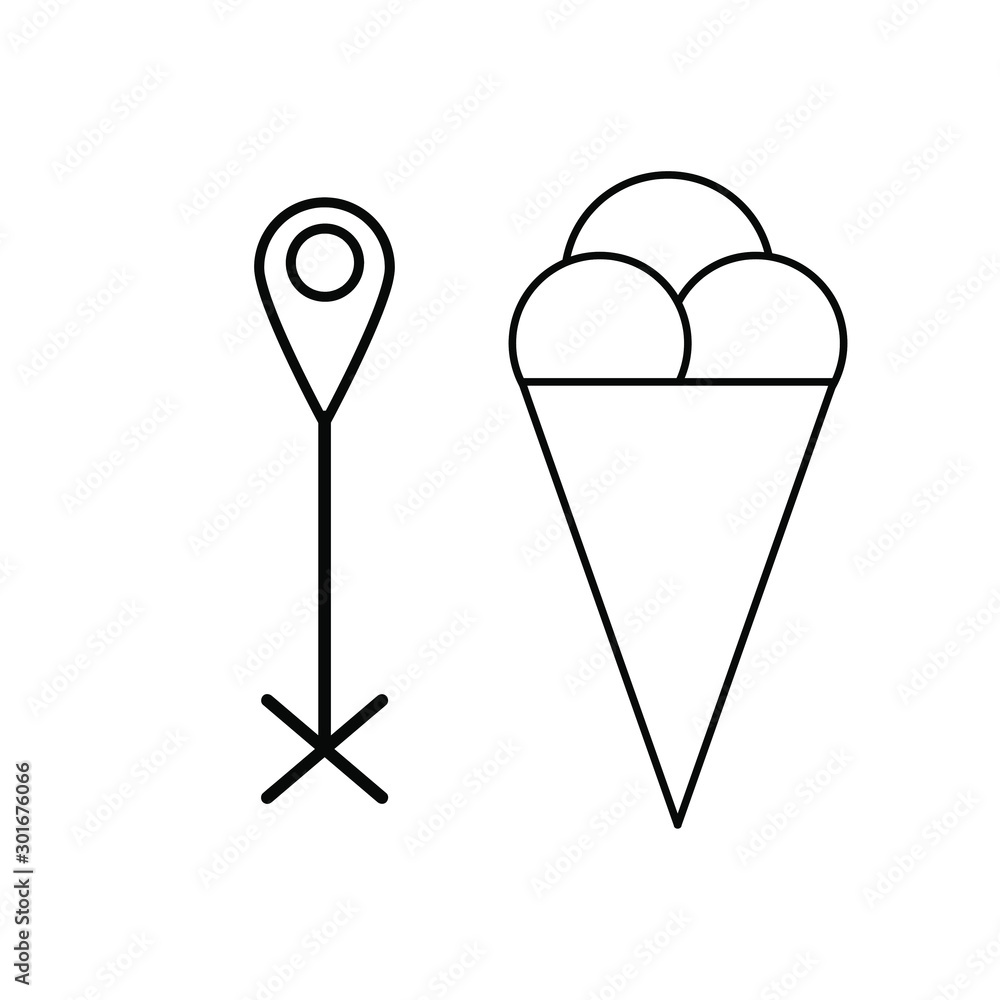 Set of simple icons with label on the map and ice cream