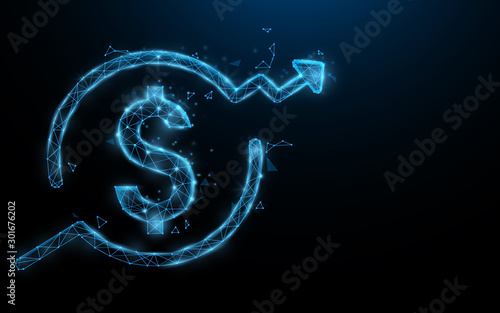 Dollar money sign growing up form lines, triangles and particle style design. Illustration vector