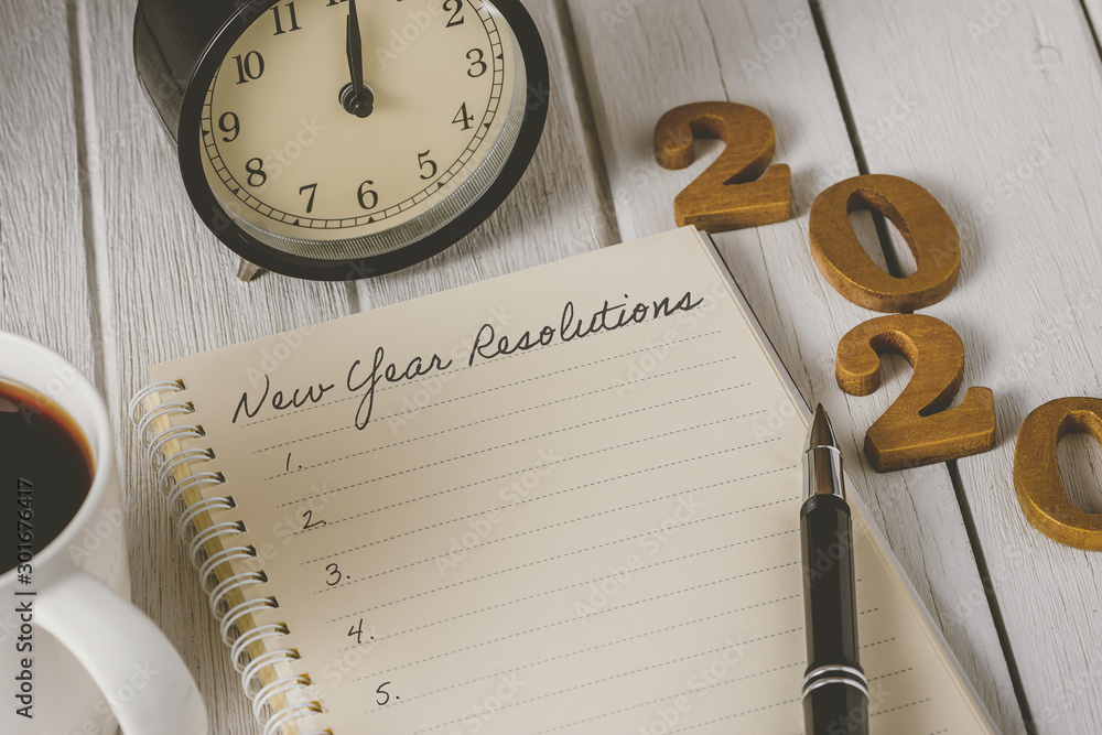Plakat New Year's Resolutions List written on Notebook with alarm clock, pen, coffee