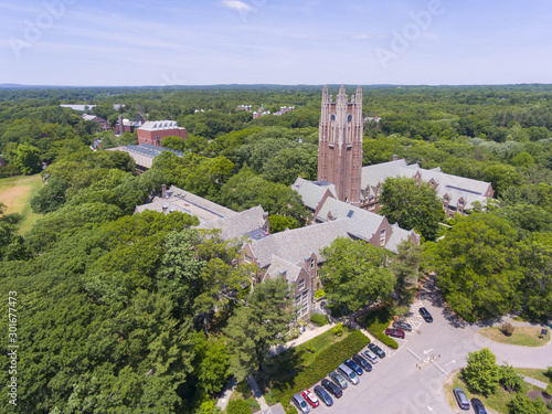 Aerial view of Wellesley College Green Hall in Wellesley, Massachusetts, USA.