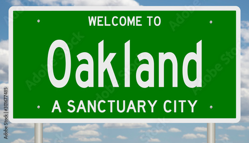 Rendering of a green 3d highway sign for sanctuary city Oakland California