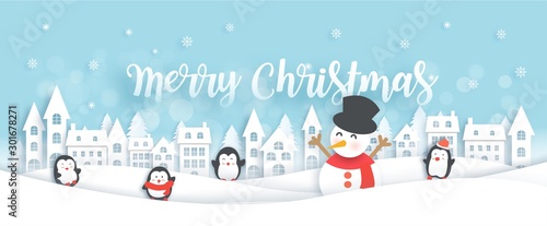Christmas banner with Santa and cute animals in snow village in paper cut and craft style .