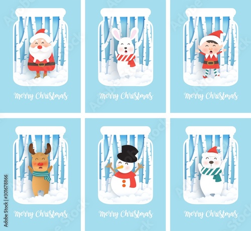 Set of Christmas greeting cards with Santa and cute animals  in paper cut and craft style . 