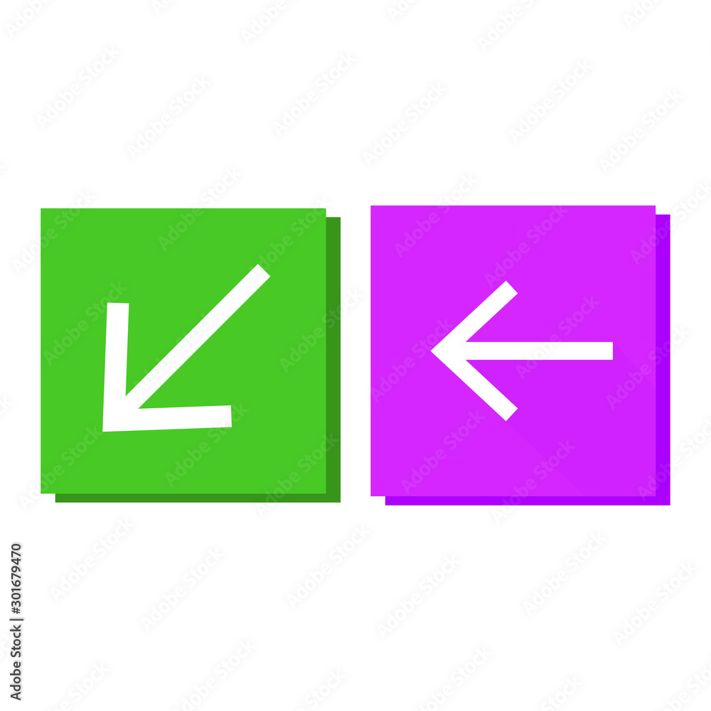 Icon set in colored frame with left arrow and down arrow. Icon set in colored frame with left arrow and down arrow.