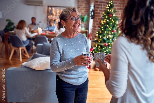 Family and friends dining at home celebrating christmas eve with traditional food and decoration, women talking together happy and casual