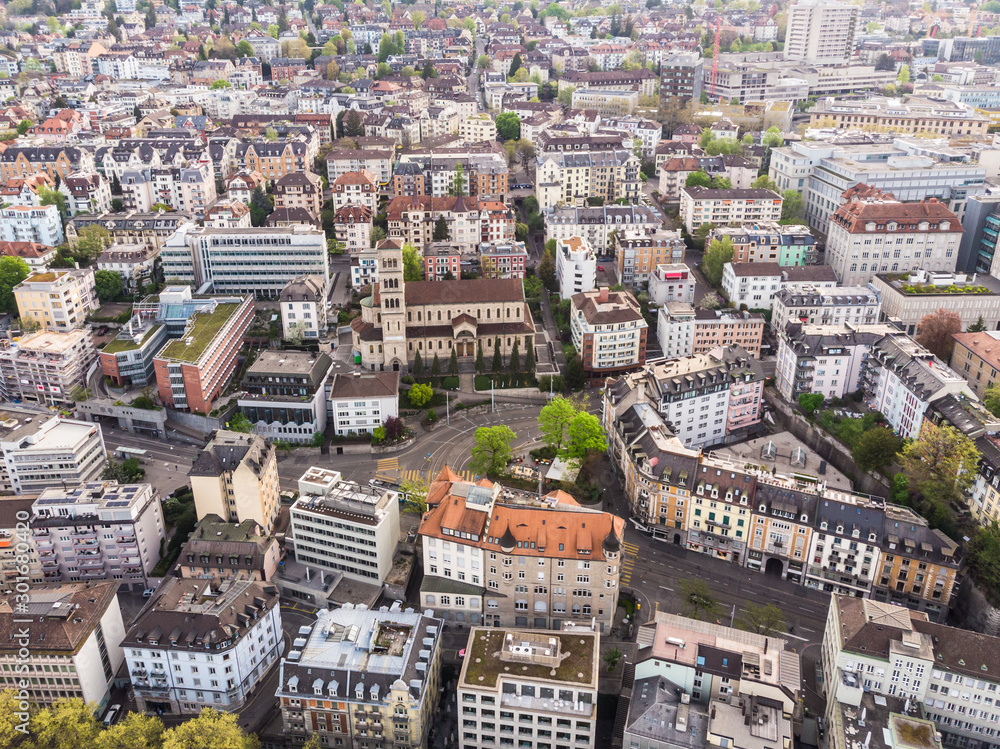 Aerial view of a residential district in the city of Zurich, the largest in Switzerland
