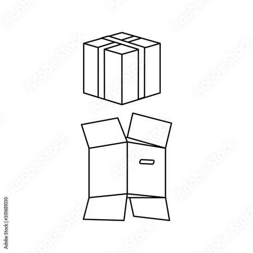 A set of simple icons with a cardboard box rewound with tape and a flattened cardboard box