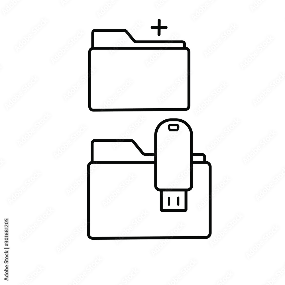 Set of simple icons with add folder and folder with usb flash drive Set of simple icons with add folder and folder with usb flash drive