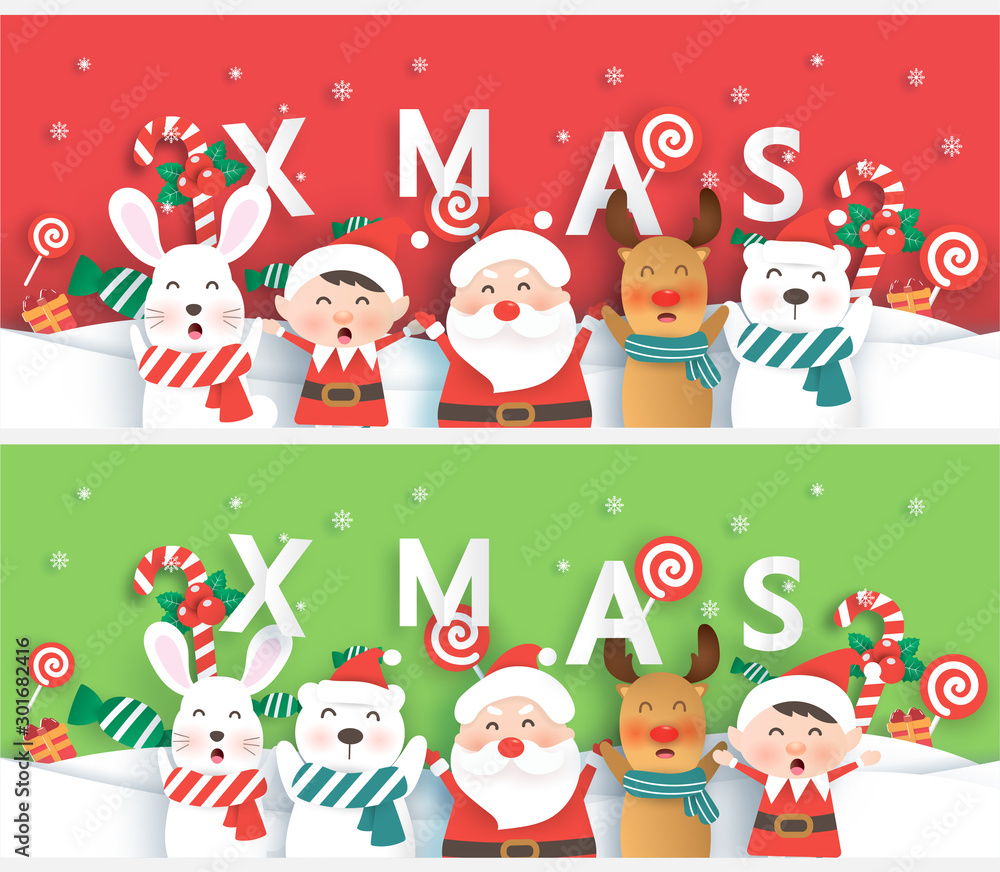 set of Christmas banners with Santa and friend in paper cut style.