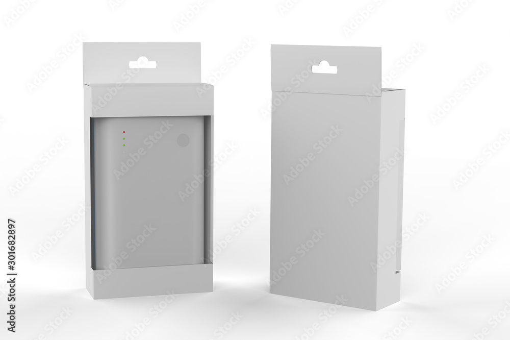 Portable external rechargeable mobile device battery charger. USB power bank for smartphones and tablet computers charging isolated on white background. 3D illustration