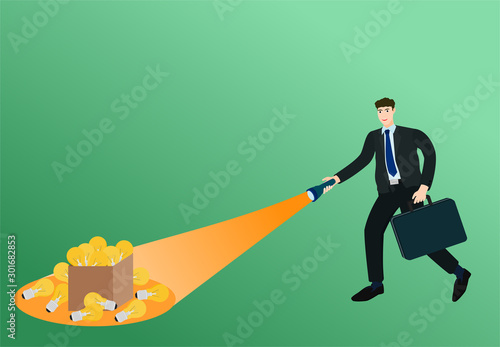 Businessman walking and flashlight search many idea , vector cartoon
