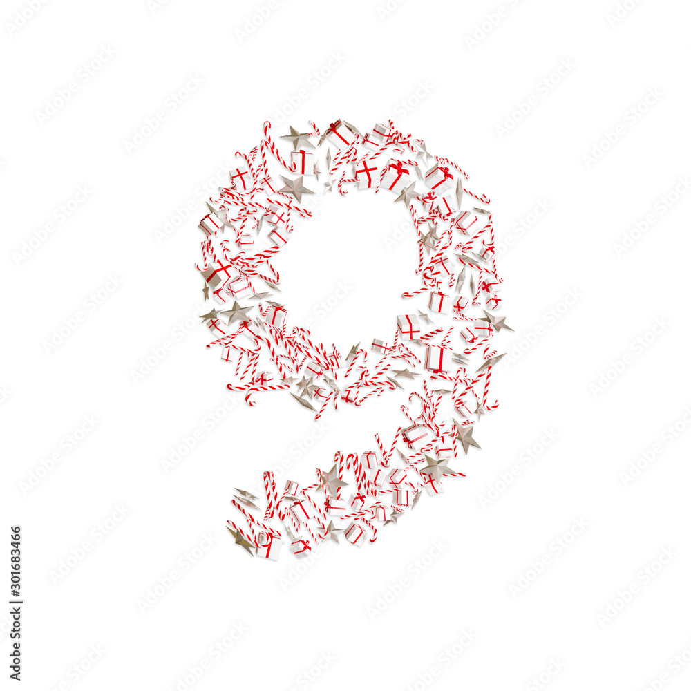 Christmas ABC. Items on white background forming number 9