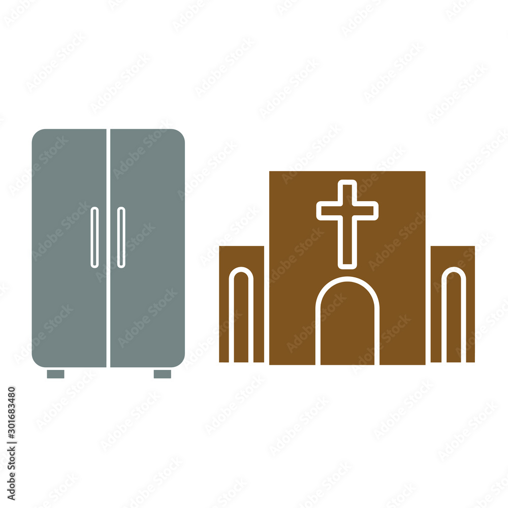 A set of simple icons with a fridge and a Church.