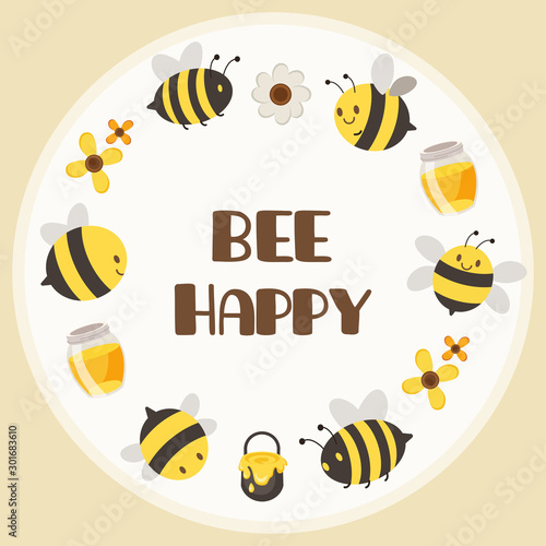 The character of cute yellow bee and black bee in circle frame with a text be happy. The cute bee and honey and flower in the white circle. The character of cute bee in flat vector style.