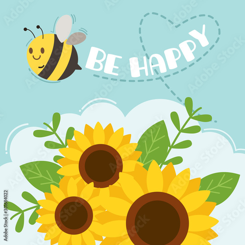 Fototapeta Naklejka Na Ścianę i Meble -  The character of cute bee flying on the sky with sunflower and text of bee happy. The shape of line look like heart. The cute bee look happy. The character of cute bee in flat vector style.