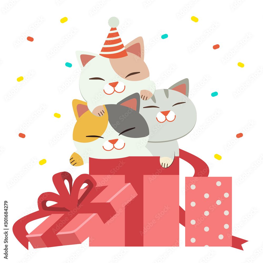 The character of cute cat and friends sitting in the big gift box. The cute cat playing with friends in the christmas party. The character of cute cat in flat vector style. The character of cute cat and friends sitting in the big gift box. The cute cat playing with friends in the christmas party. The character of cute cat in flat vector style.