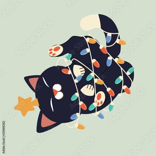 The character of cute cat playing with a christmas lightbulb and wear a star on the head. The cute blackcat playing with a lightbulb in christmas day. the character of cute cat in flat vector style.