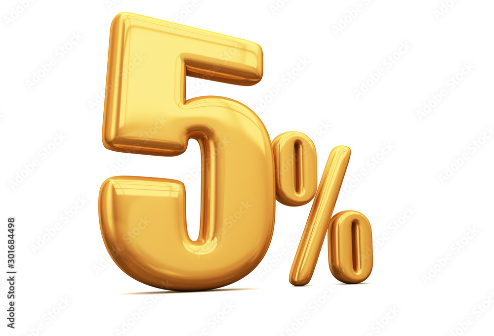 3d render illustration. Golden five percent on a white background.