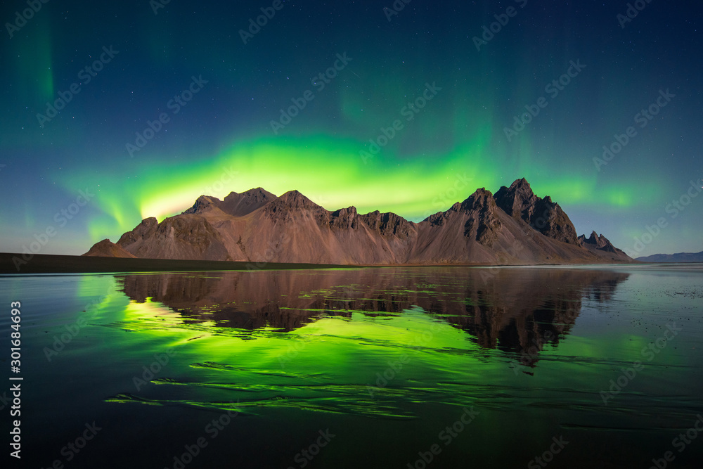 Northern light at  Vesturhorn mountain in Iceland