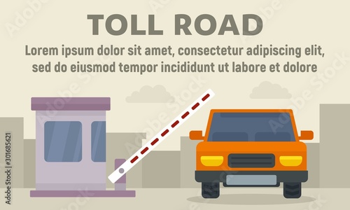 Car on toll road concept banner. Flat illustration of car on toll road vector concept banner for web design