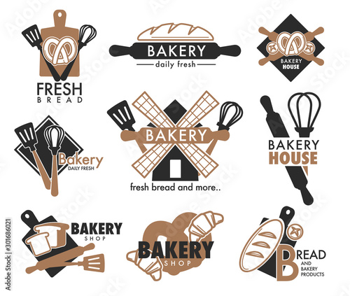 Bread loaf and kitchen tools, bakery shop isolated icons