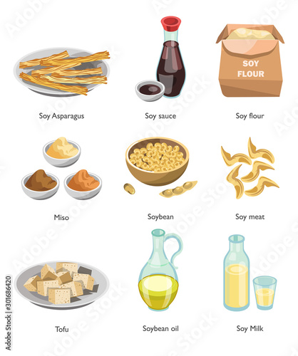 Vegan menu, soy food, cooking ingredient, isolated dishes