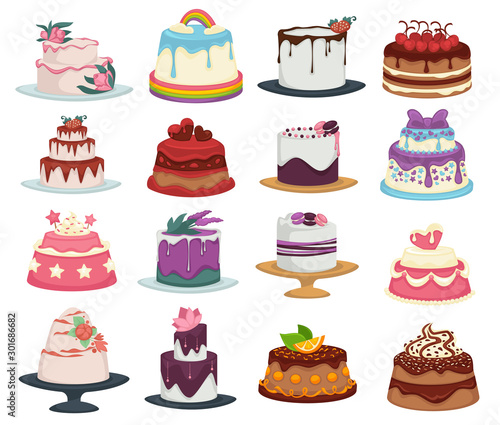 Wedding and birthday cakes isolated dishes, dessert with flowers and fruits