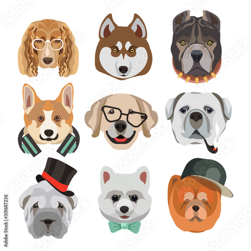 Dog heads or faces with eyeglasses and hats or smoking pipe
