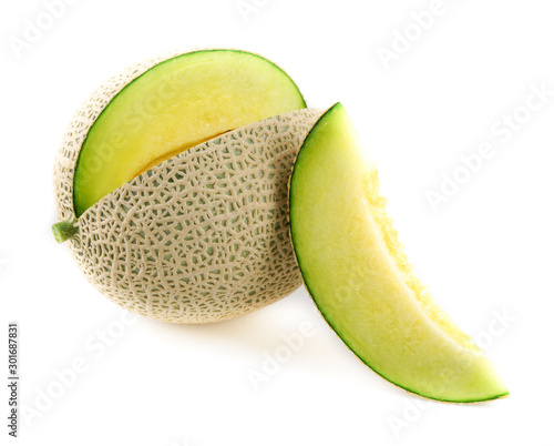 Slice of Japanese melons,honey melon or cantaloupe  isolated on white background. fruit and supplements for good health