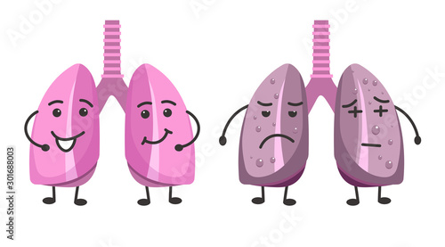 Healthy and ill lungs isolated icons, organs with happy and sad face