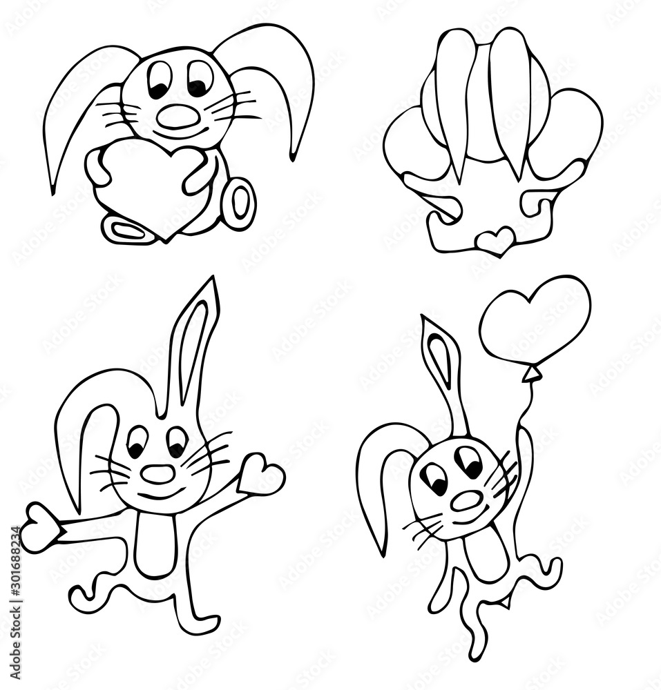 Vector set of greeting cards for Valentine's day with cute hares and hearts. Great cards for lovers. Vector illustration isolated on white. Vector set of greeting cards for Valentine's day with cute hares and hearts. Great cards for lovers. Vector illustration isolated on white.