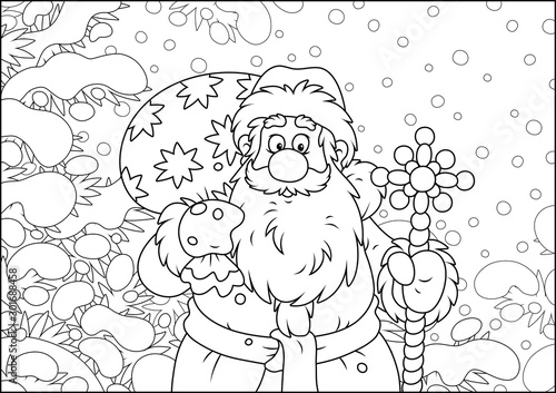 Santa Claus with his bag of Christmas gifts among snow-covered fir branches of a winter forest on the cold snowy day, black and white vector illustration in a cartoon style