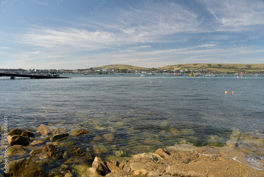 The beach and seafront at Swanage on the Dorset coast in Southern England