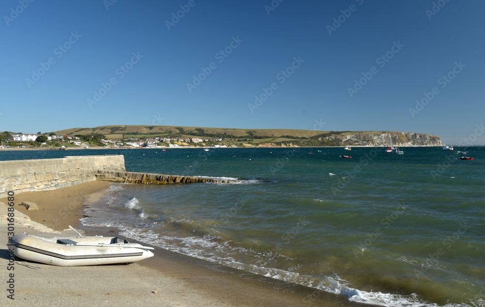 The beach and seafront at Swanage on the Dorset coast in Southern England