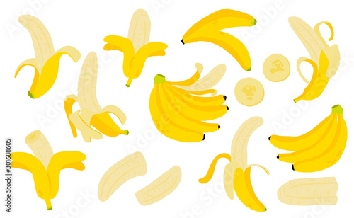 Cute banana fruit object collection.Whole, cut in half, sliced on pieces banana. Vector illustration for icon,logo,sticker,printable