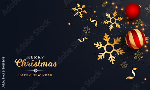 Merry Christmas & Happy New Year celebration greeting card design decorated with golden snowflakes, stars, baubles and lighting garland on black background.
