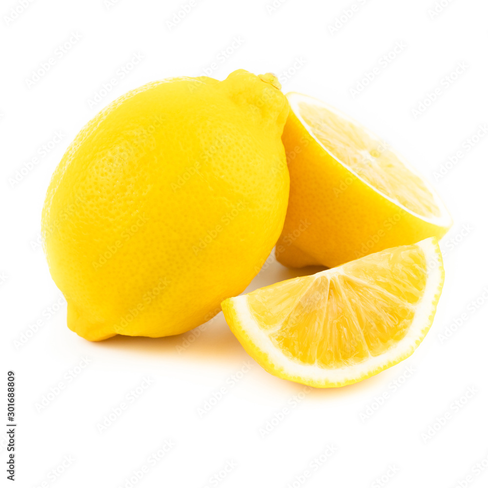 Fresh slice lemon with leaves, vitamin c supplement from natural isolated on white background with copy space Fresh slice lemon with leaves, vitamin c supplement from natural isolated on white background with copy space