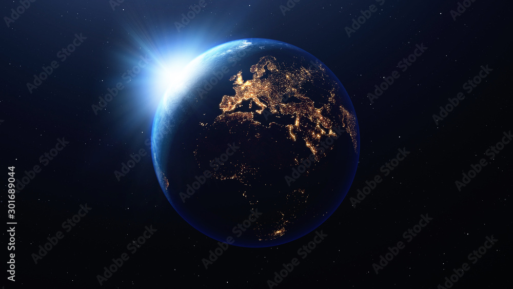 Earth planet with the sun viewed from space , 3d render of planet Earth, elements of this image provided by NASA